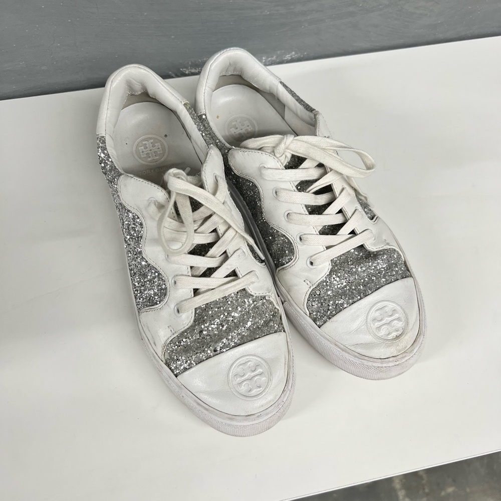 Tory Burch White and Silver Glitter Sneakers
